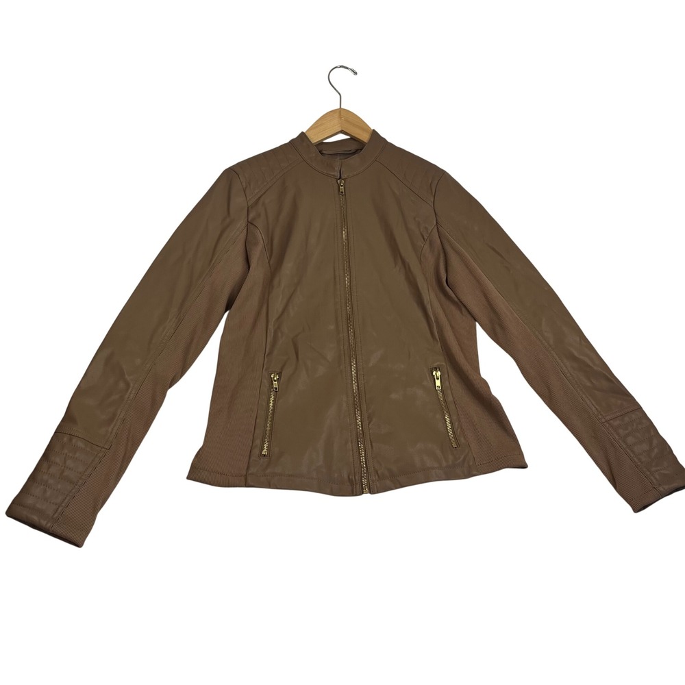 a.n.a A New Approach Brown Faux Leather Moto Jacket Ribbed Panels Small
